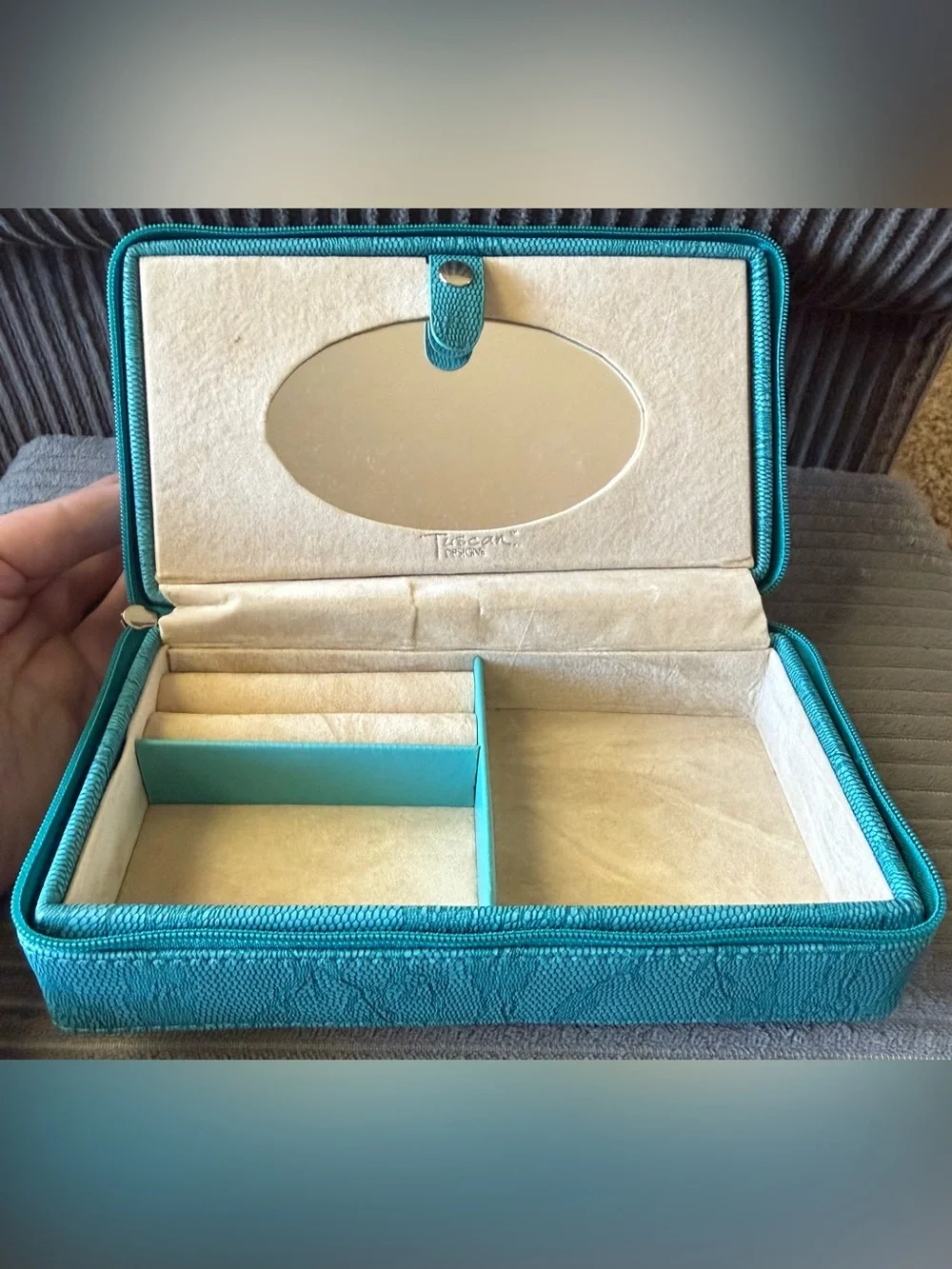 Teal Lace Travel Jewelry Organizer Box with Mirror Tuscan Designs
